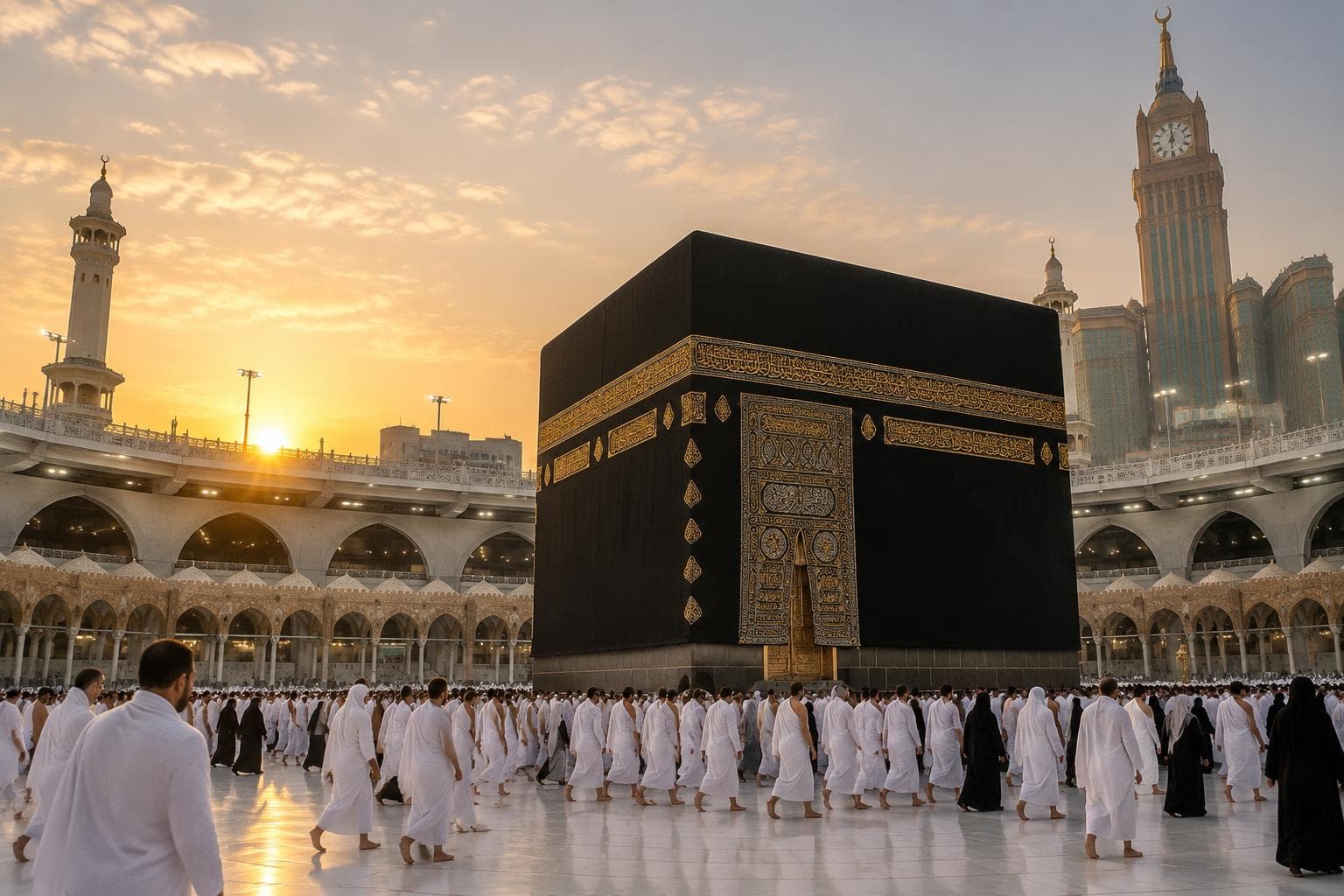 The Kaaba in Mecca with pilgrims in white ihram during Hajj