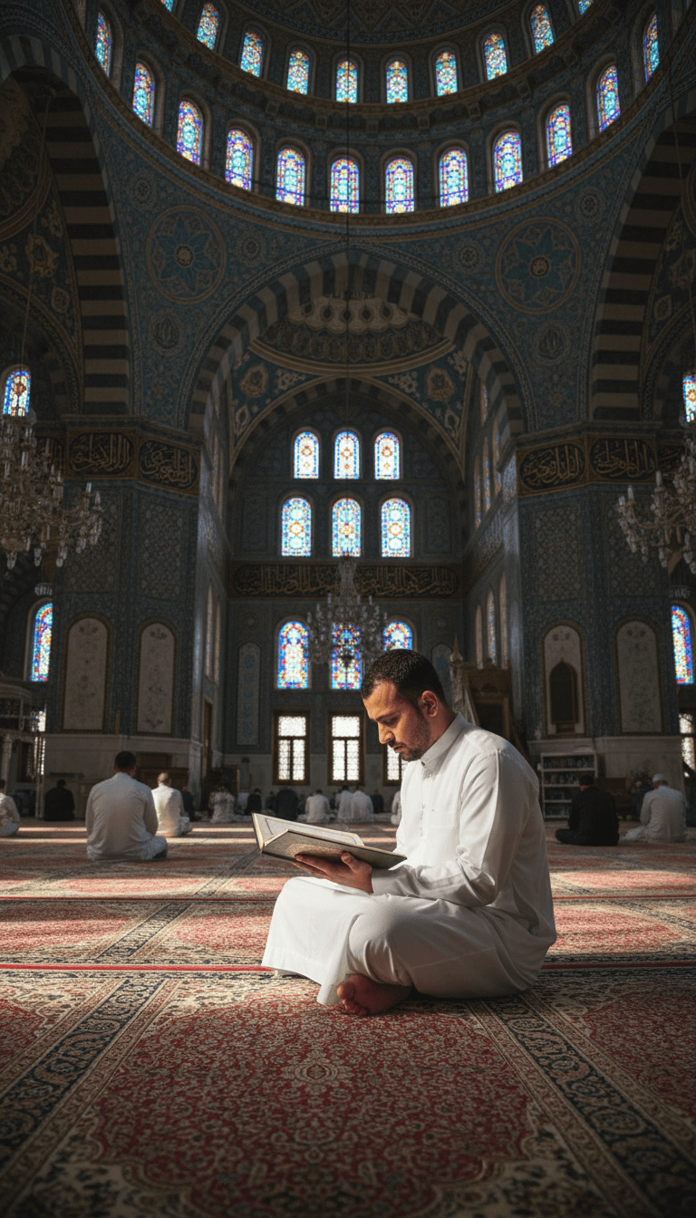 Man reading a prayer book inside a mosque