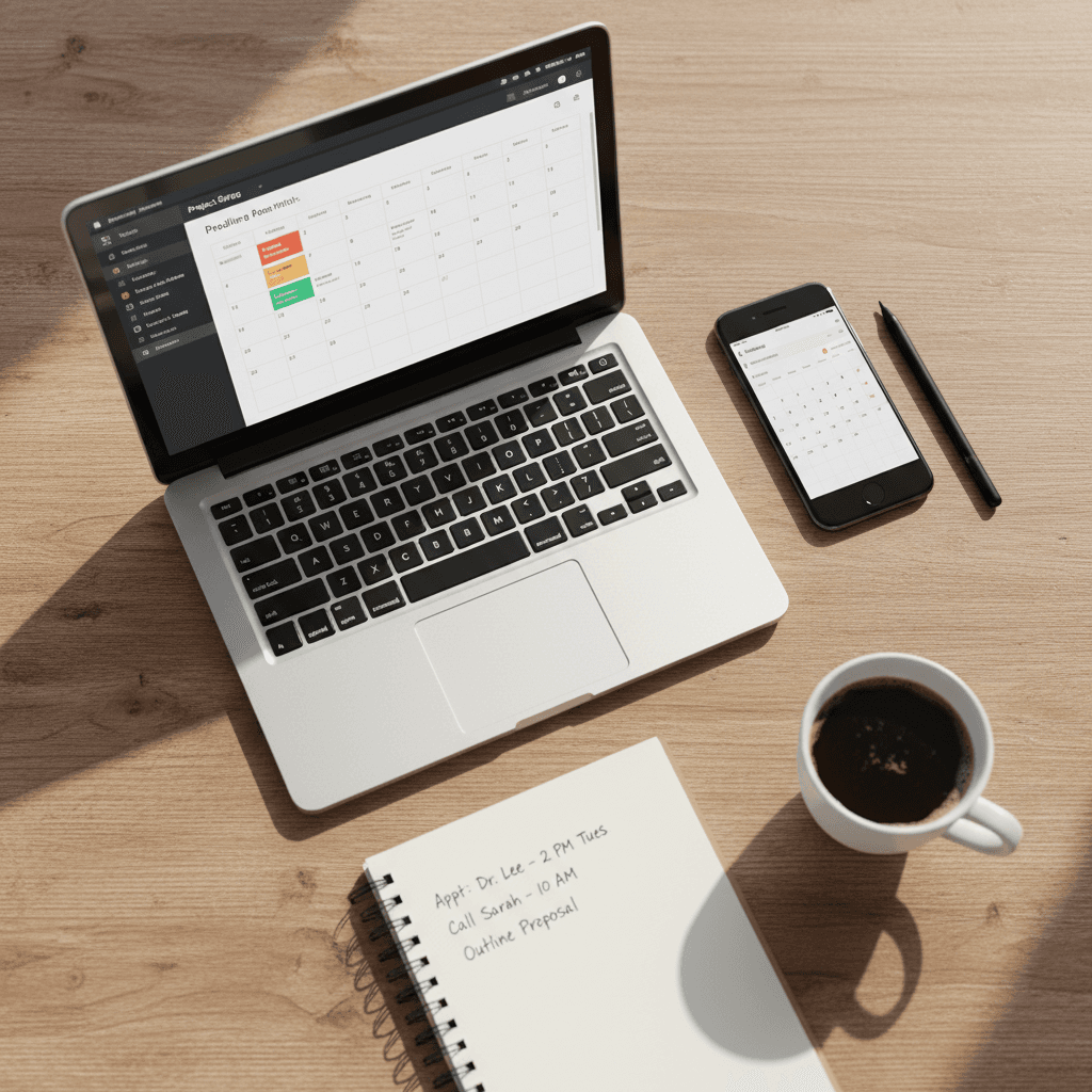 Calendar with marked dates and a cup of coffee