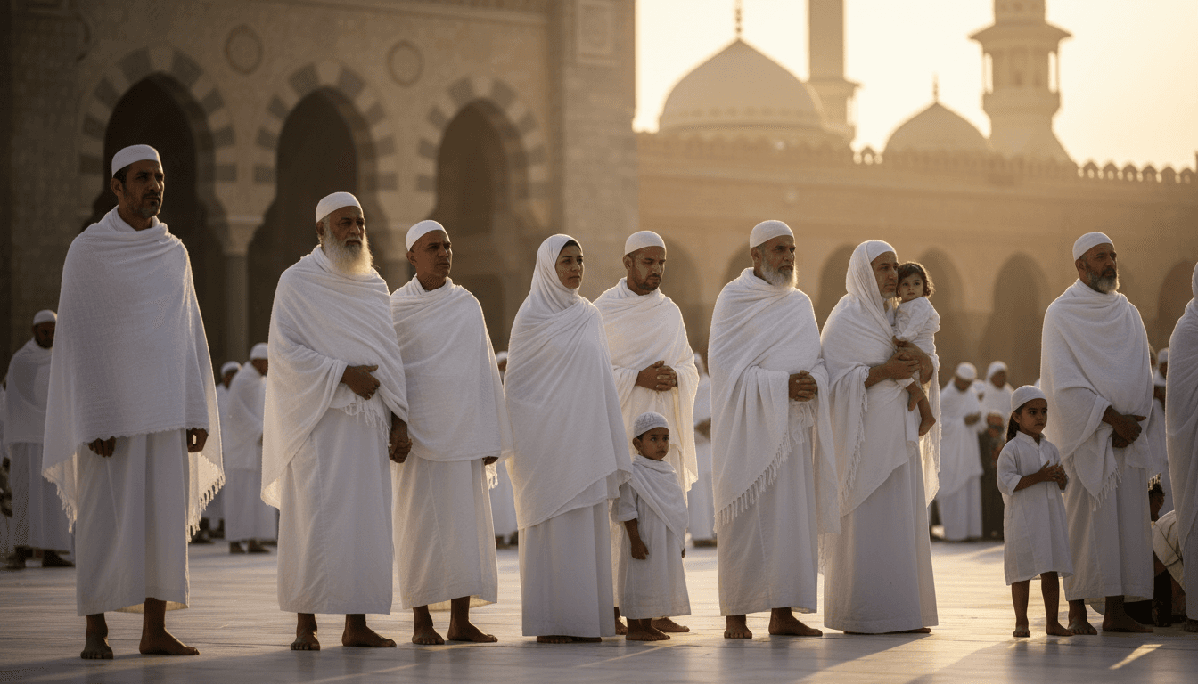 Peaceful view of a mosque courtyard and pilgrims